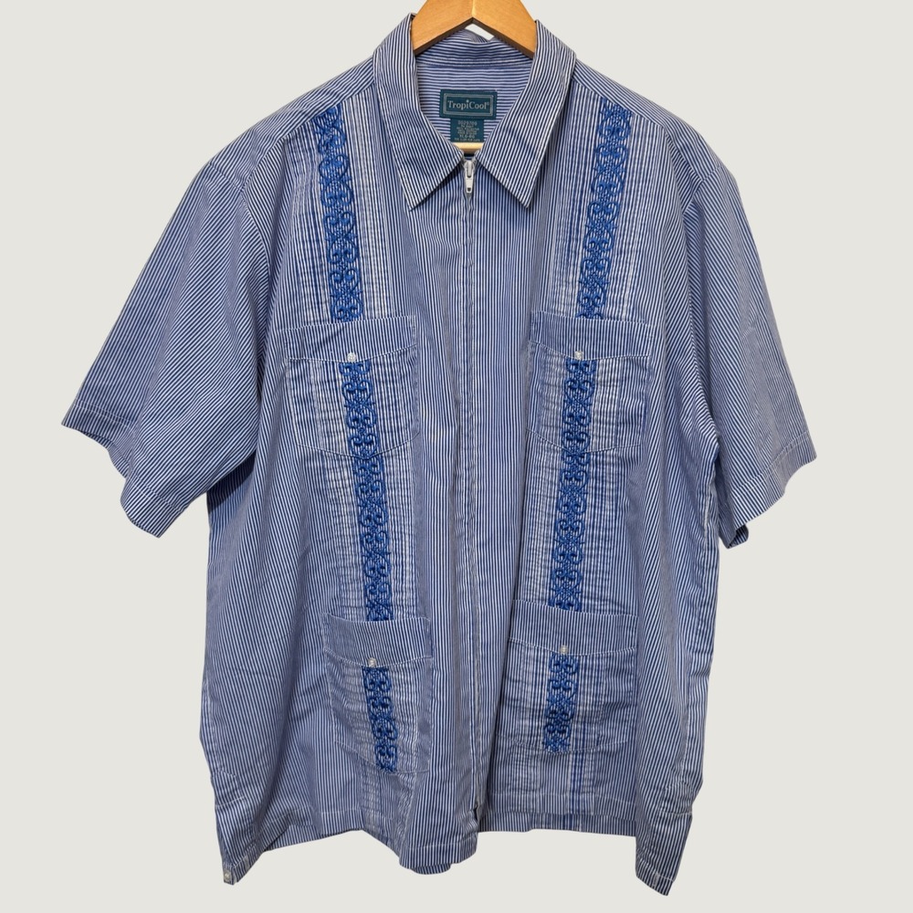 TropiCool Mens Guayabera Shirt XL Blue Striped Embroidered Zip Up Coastal Retro